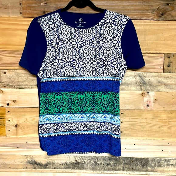 Lands’ End size x-small navy with design on front short sleeve slinky top - Picture 1 of 6